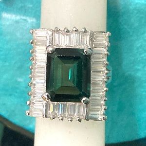 Farrah Fawcett Collection Emerald Green & Clear CZ Sterling Cocktail Ring sz 7